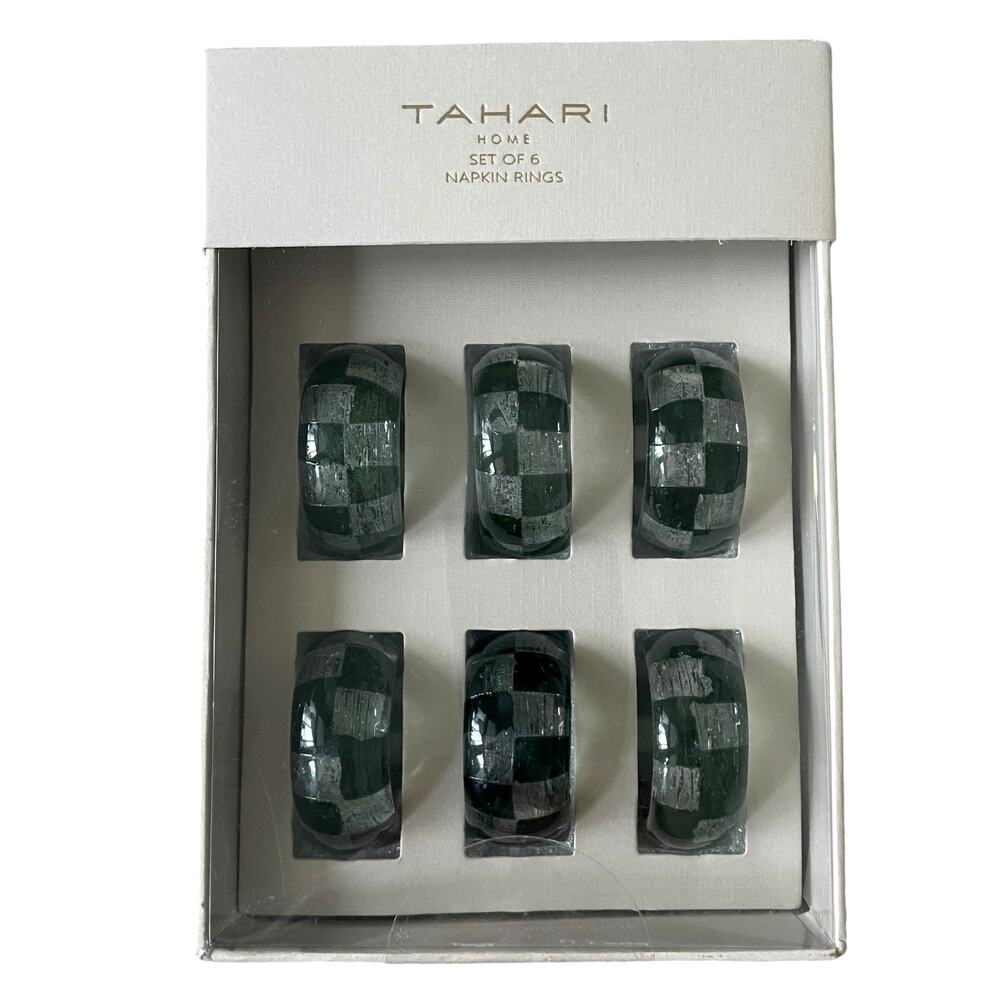 Tahari Home Checkered Acrylic Napkin Rings Set of 6 Green & Clear New